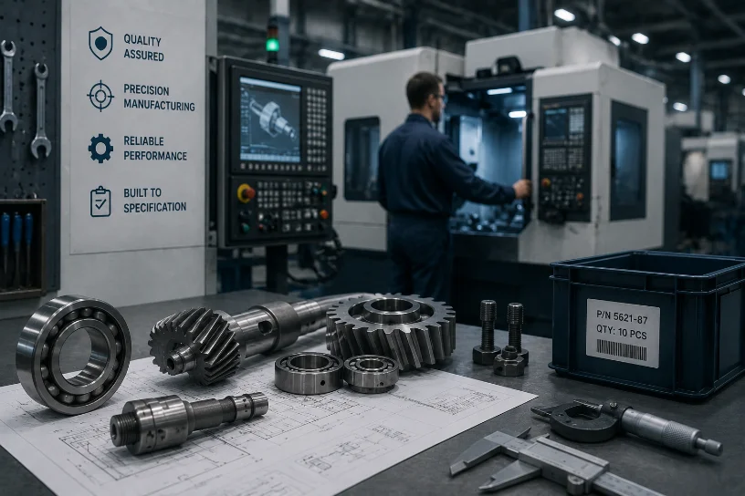 Precision-machined bearings, gears and shafts laid out on technical drawings beside a CNC machine